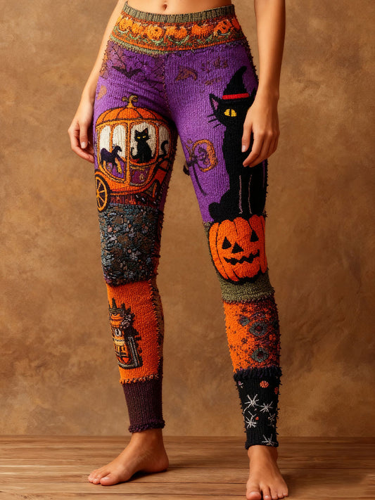 Women's Halloween Black Cat & Pumpkin Patchwork Art Leggings