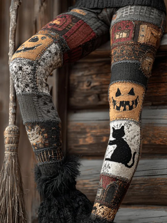 Women's Halloween Black Cat & Pumpkin Patchwork Art Leggings