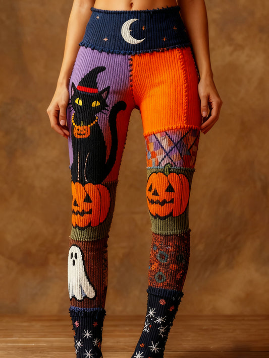 Women's Halloween Black Cat & Pumpkin Patchwork Art Leggings