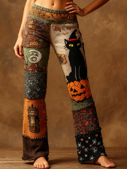 Women's Halloween Black Cat Pumpkin Splicing Printed Pants
