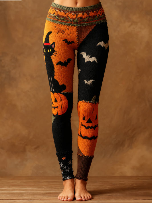 Women's Halloween Black Cat & Pumpkin Patchwork Art Leggings