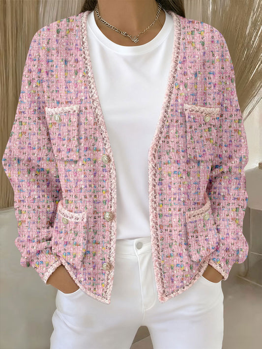 Women's Pink Geometric Print Pocket Cardigans