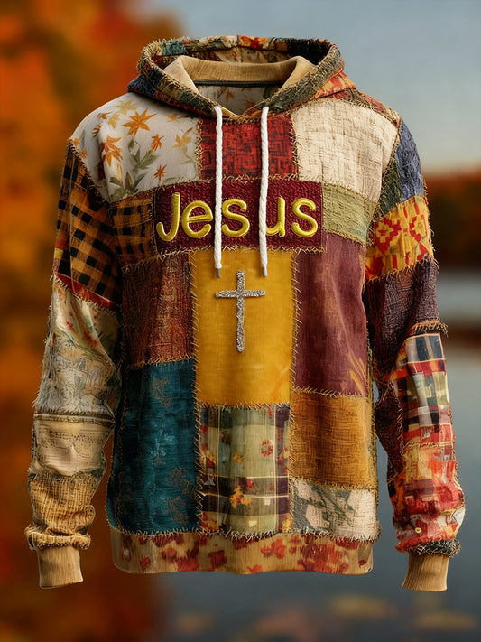 Men's Vintage Faith Cross Art  Print Oversized Drop-Shoulder Hoodie with Pockets