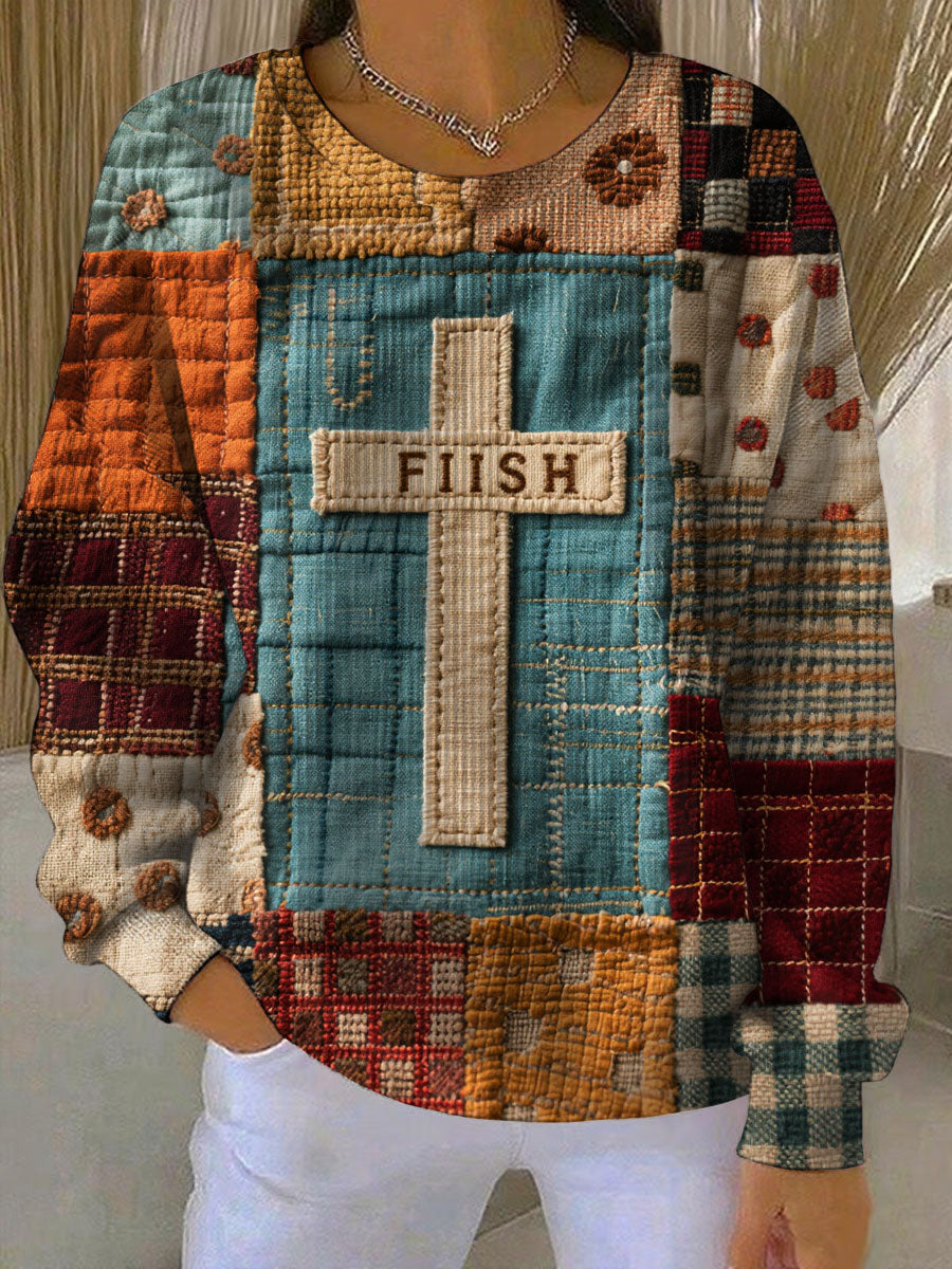 Women's Patchwork of Faith Printed Ribbed Round-Neck Sweatshirt