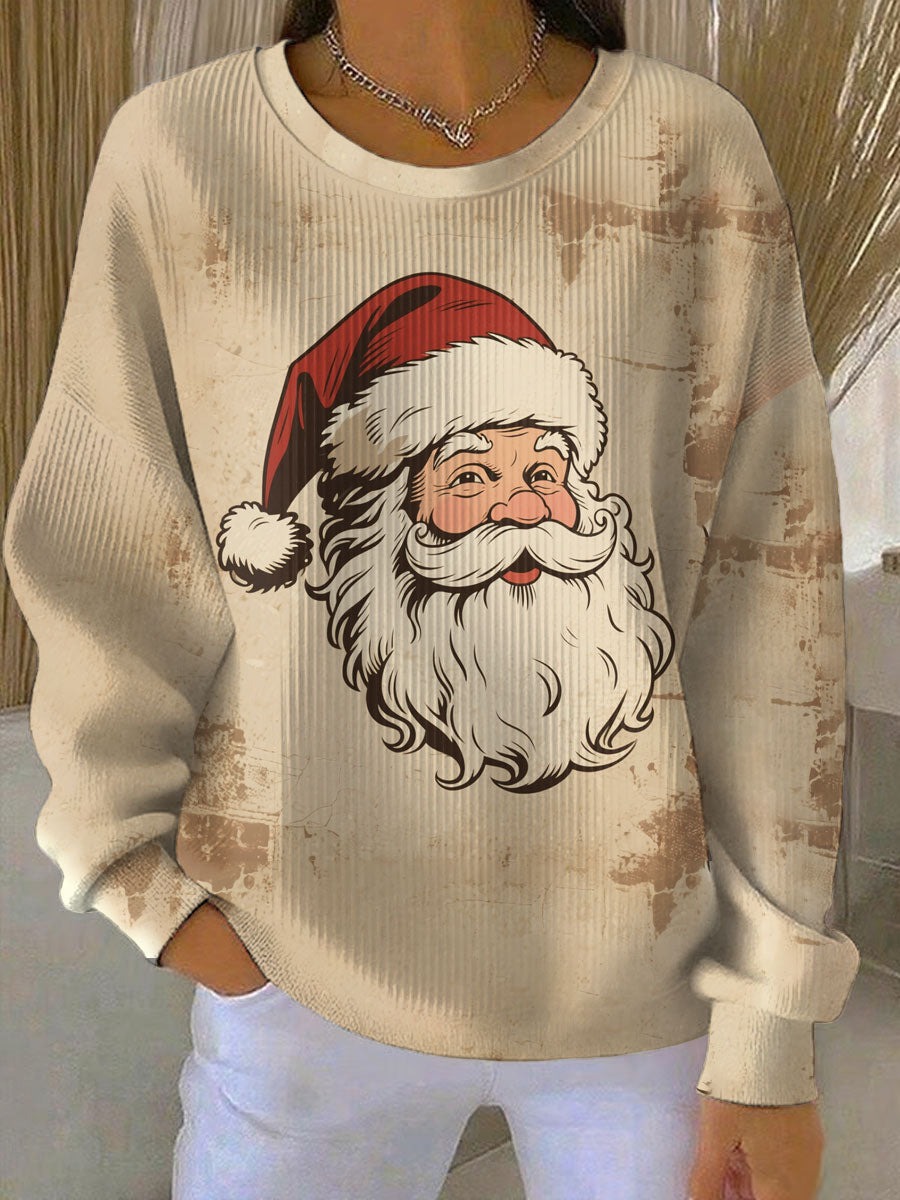 Women's Santa Claus print Ribbed Round-Neck Sweatshirt