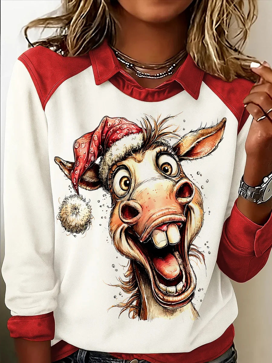 Women's Christmas Horse Print Casual Top