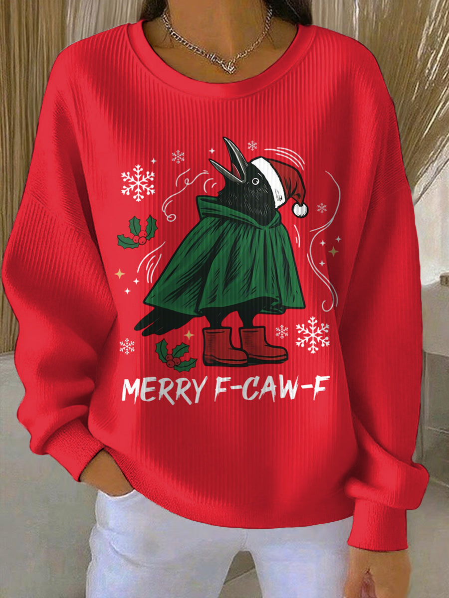 Women's Merry Christmas F-Caw-F Crow Print Ribbed Round-Neck Sweatshirt