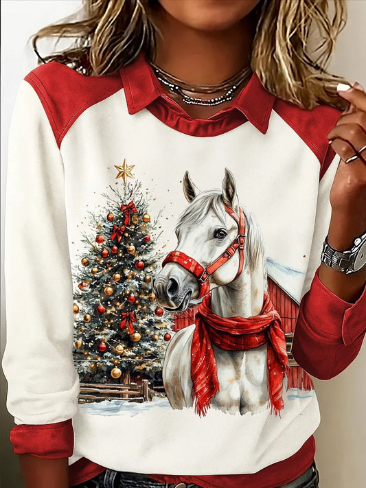 Women's Christmas Horse Print Casual Top