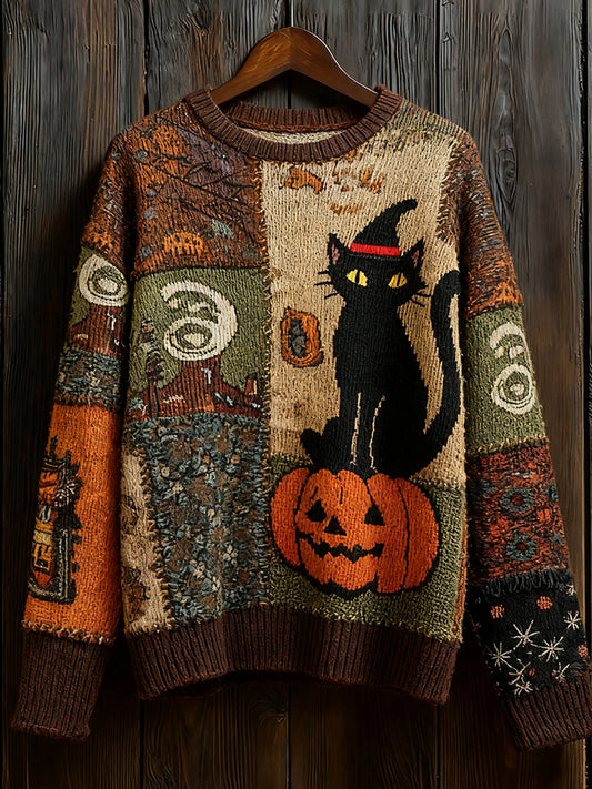 Women's Halloween Black Cat & Pumpkin Patchwork Art Sweatshirt