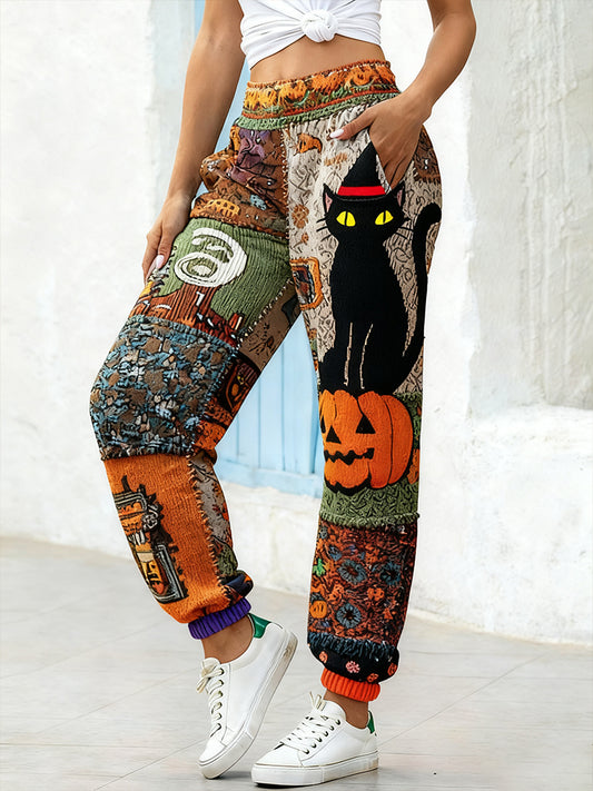 Women's Halloween Black Cat & Pumpkin Patchwork Art  Sweatpants