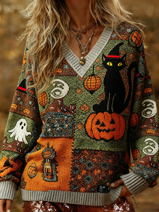 Women's Halloween Black Cat & Pumpkin Patchwork Art Printed V-Neck Long Sleeve Top