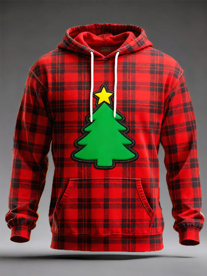 Men's Red Plaid Christmas Tree Print Casual Hoodie