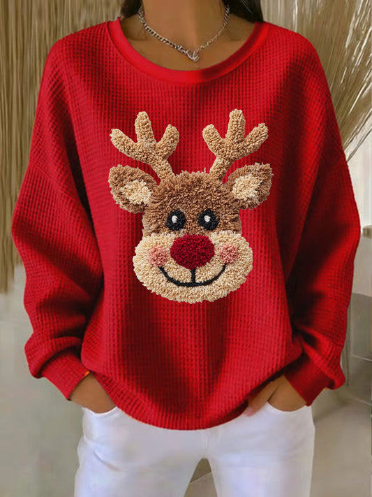 Women's Christmas Reindeer Waffle Print Casual Top