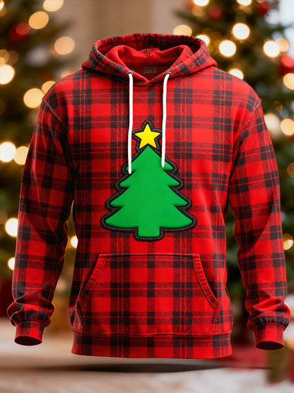 Men's Red Plaid Christmas Tree Print Casual Hoodie