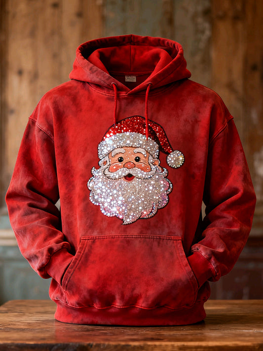 Men's Shiny Christmas Santa Pattern Washed Hoodie