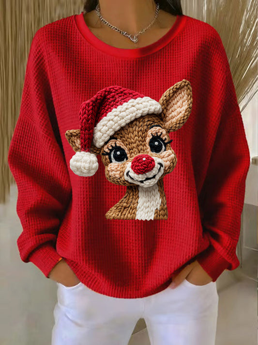 Women's Christmas Reindeer Waffle Print Casual Top