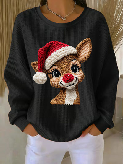 Women's Christmas Reindeer Waffle Print Casual Top