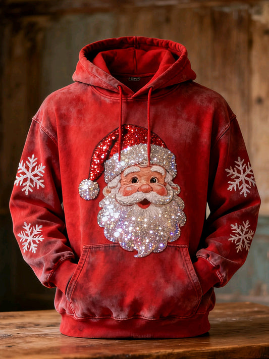 Men's Shiny Christmas Santa Pattern Washed Hoodie