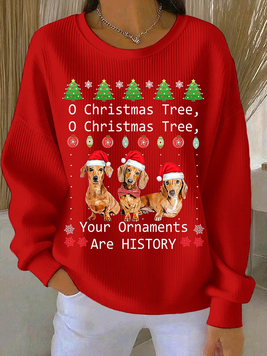 Women's Christmas Dachshund Christmas Tree Crew Neck Striped Sweatshirt