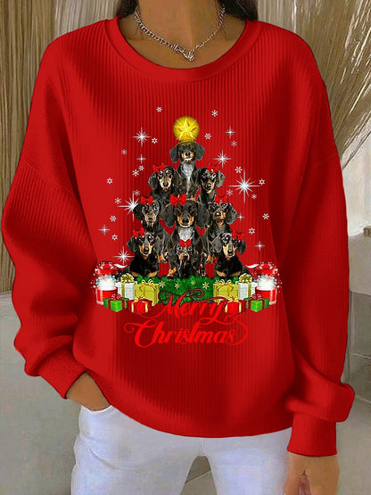 Women's Christmas Dachshund Christmas Tree Crew Neck Striped Sweatshirt