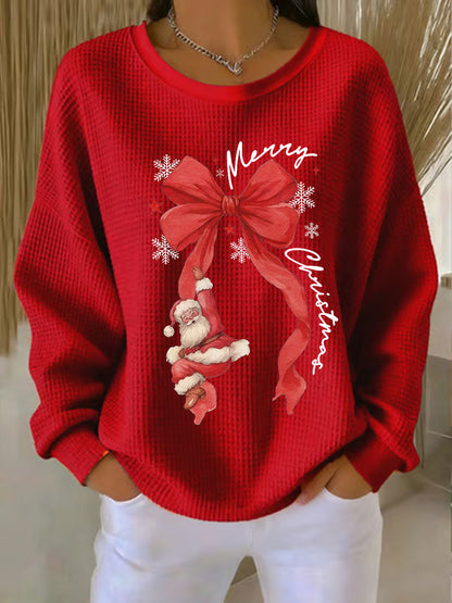Women's Santa Waffle Print Casual Top