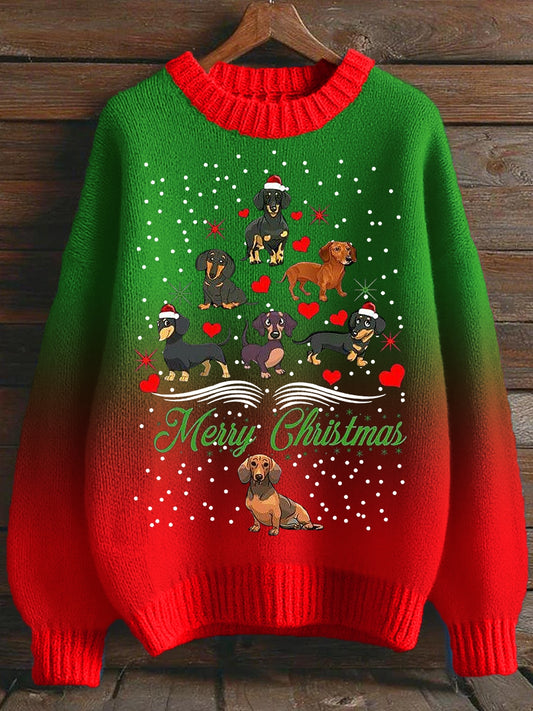 Women's Christmas Dachshund Christmas Tree Crew Neck Gradient Sweater