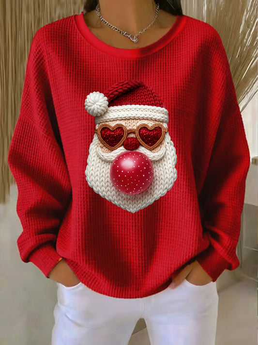 Women's Santa Waffle Print Casual Top