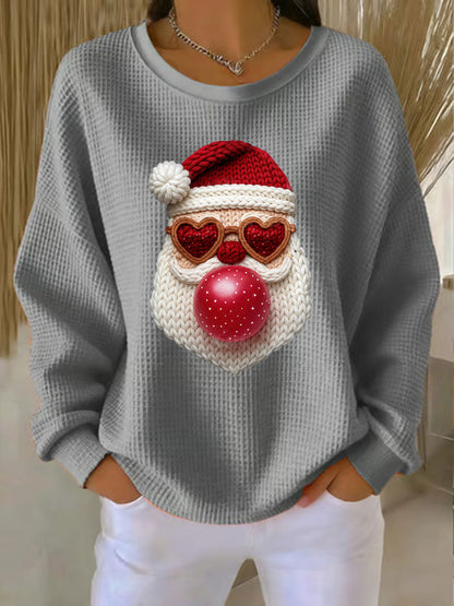 Women's Santa Waffle Print Casual Top