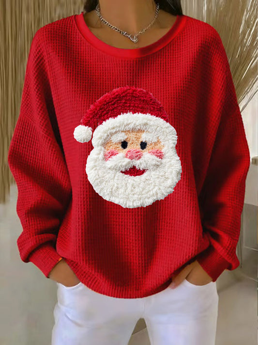 Women's Santa Waffle Print Casual Top