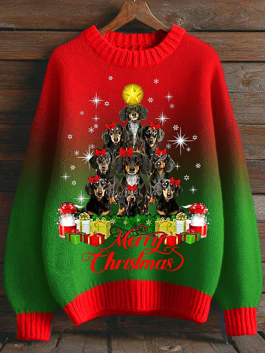 Women's Christmas Dachshund Christmas Tree Crew Neck Gradient Sweater