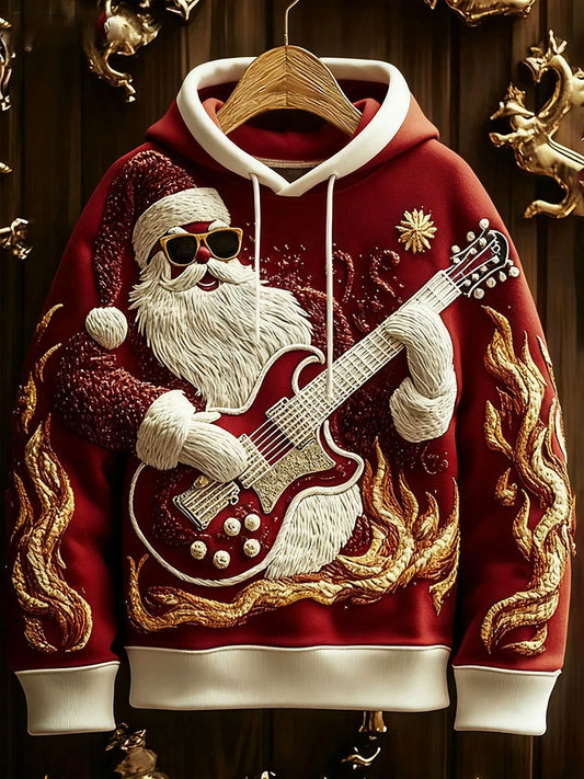 Men's Christmas Santa Guitar Drop-Shoulder Hoodie (No Pockets)