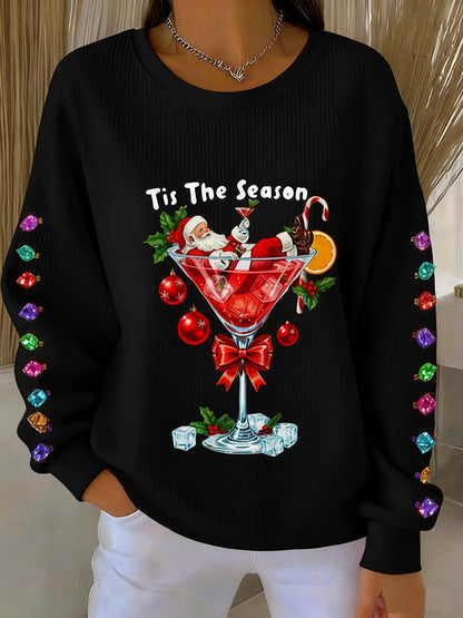 Women's Christmas Tis The Season Santa Claus Ribbed Round-Neck Sweatshirt