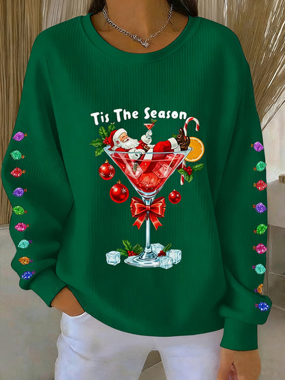 Women's Christmas Tis The Season Santa Claus Ribbed Round-Neck Sweatshirt
