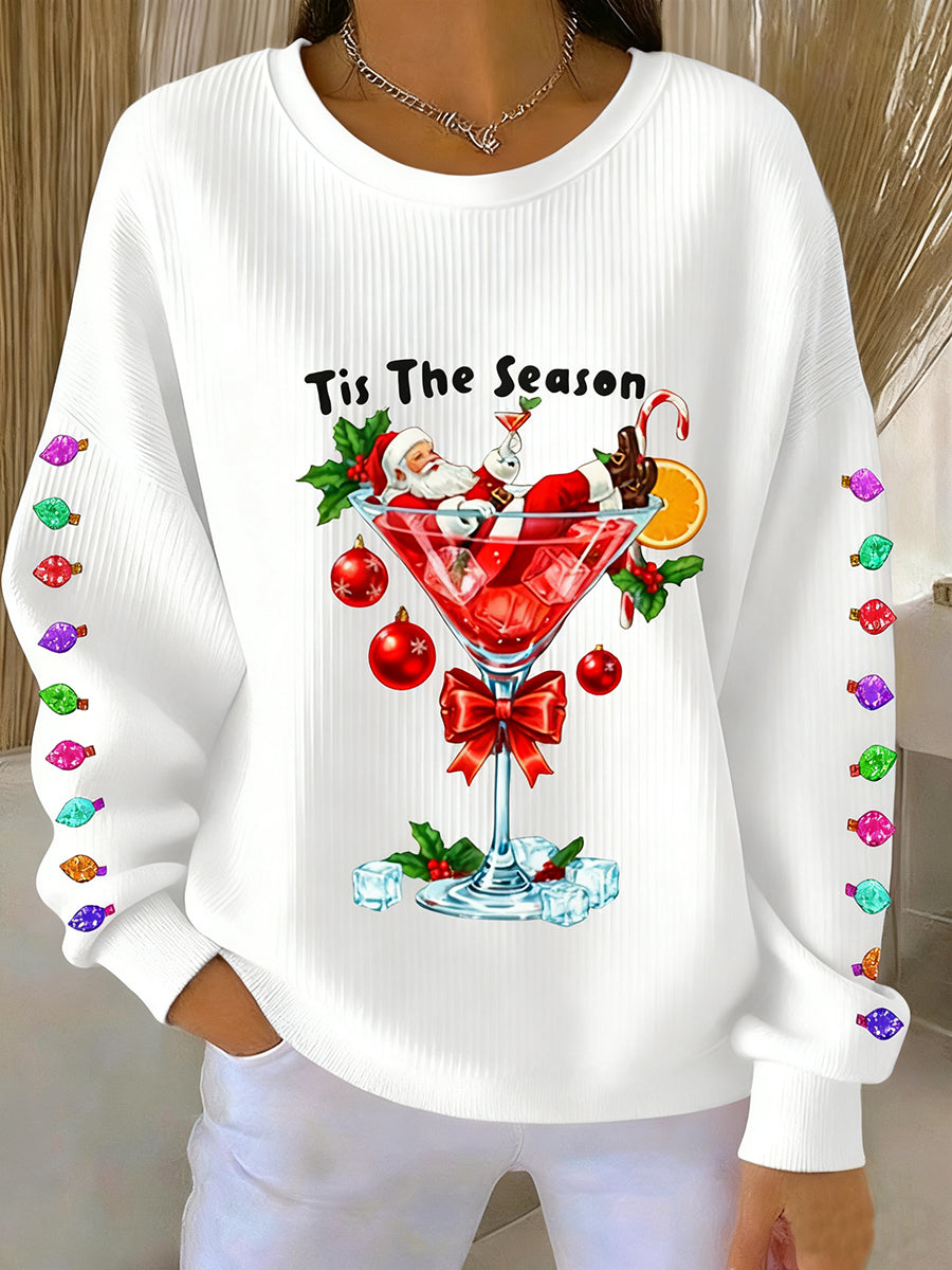 Women's Christmas Tis The Season Santa Claus Ribbed Round-Neck Sweatshirt