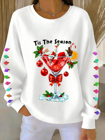 Women's Christmas Tis The Season Santa Claus Ribbed Round-Neck Sweatshirt