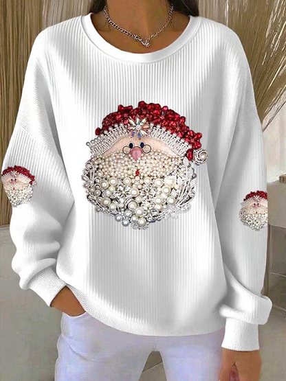 Women's Santa Claus Printed Ribbed Round-Neck Sweatshirt