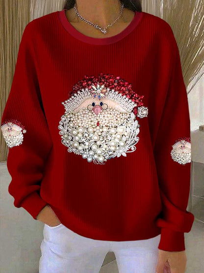 Women's Santa Claus Printed Ribbed Round-Neck Sweatshirt