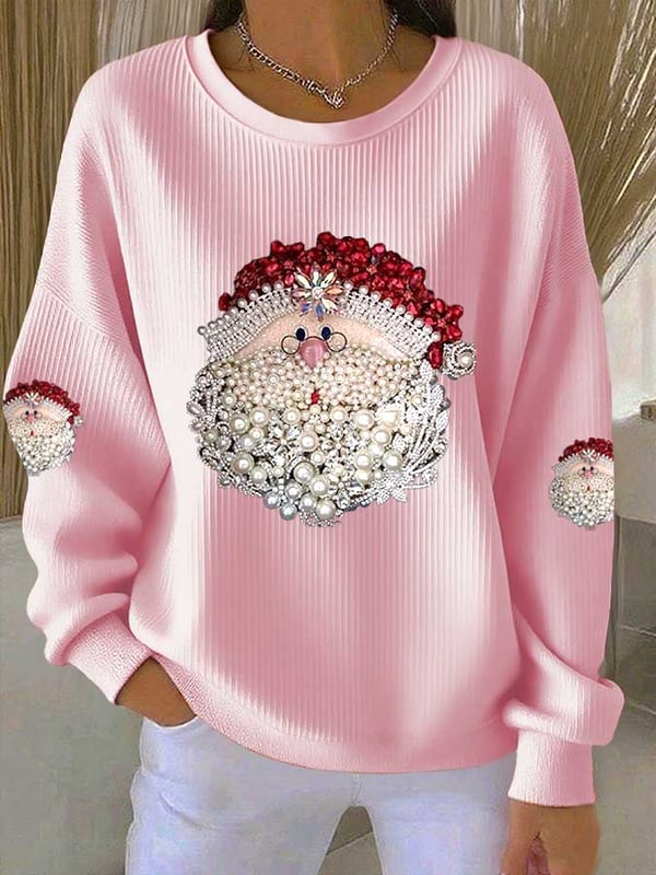 Women's Santa Claus Printed Ribbed Round-Neck Sweatshirt
