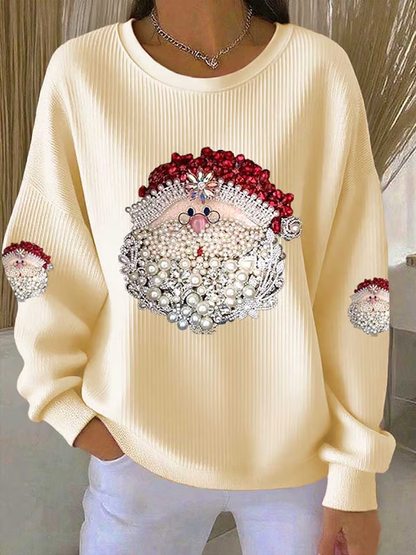 Women's Santa Claus Printed Ribbed Round-Neck Sweatshirt