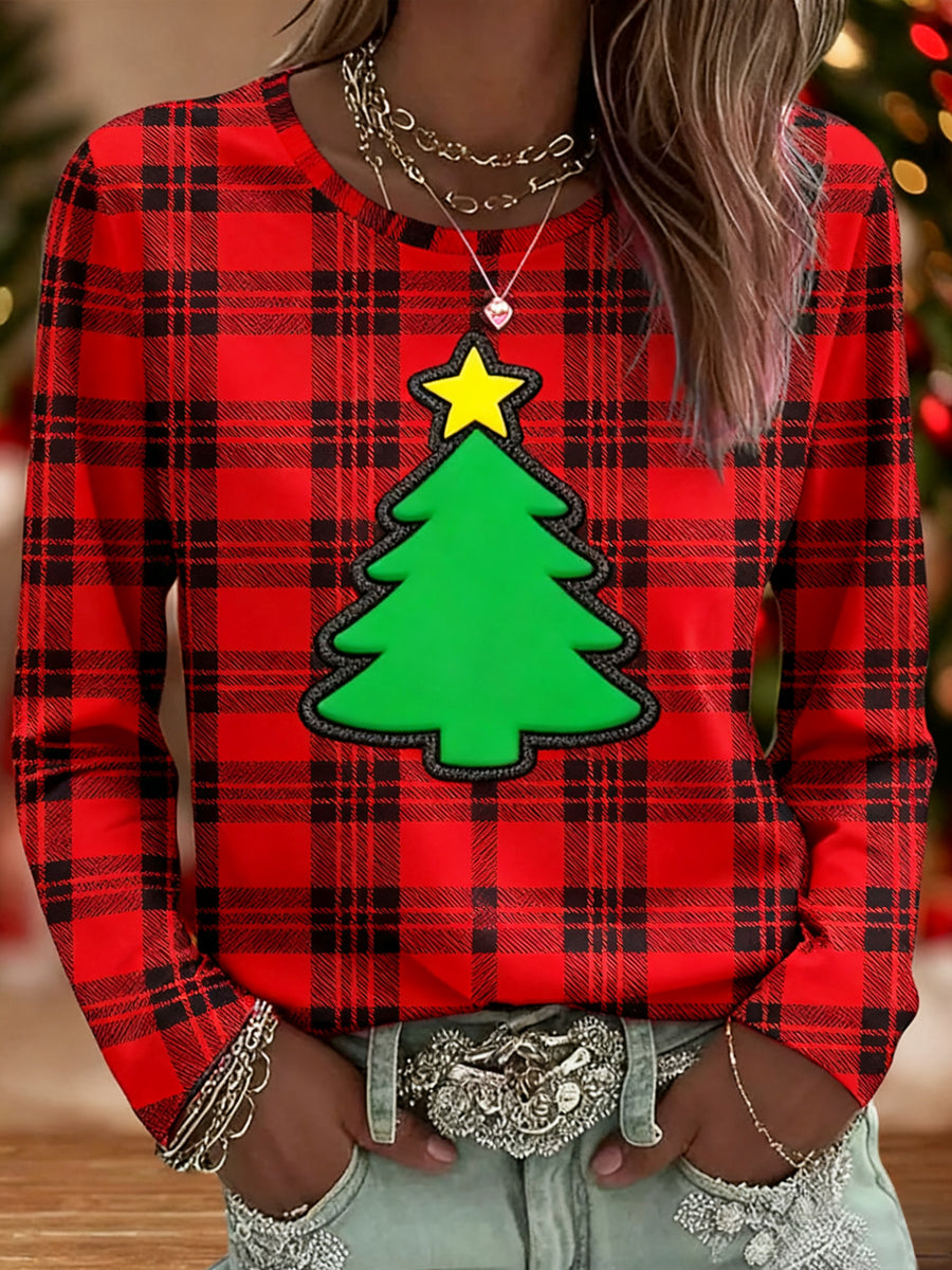 Women's Red Plaid Christmas Tree Print Casual Long Sleeve T-Shirt