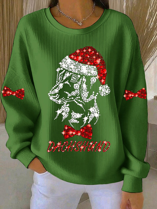 Women's Christmas Crew Neck Ribbed Sweatshirt