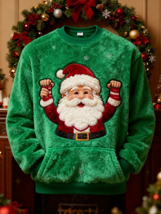 Retro Christmas Grandad Print Plush Crew Neck Sweatshirt