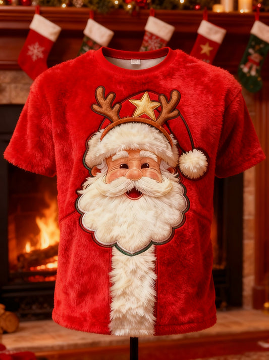Retro Christmas Grandad Print Plush Short-Sleeved T-Shirt