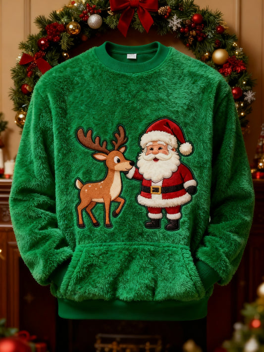 Retro Christmas Grandad Print Plush Crew Neck Sweatshirt