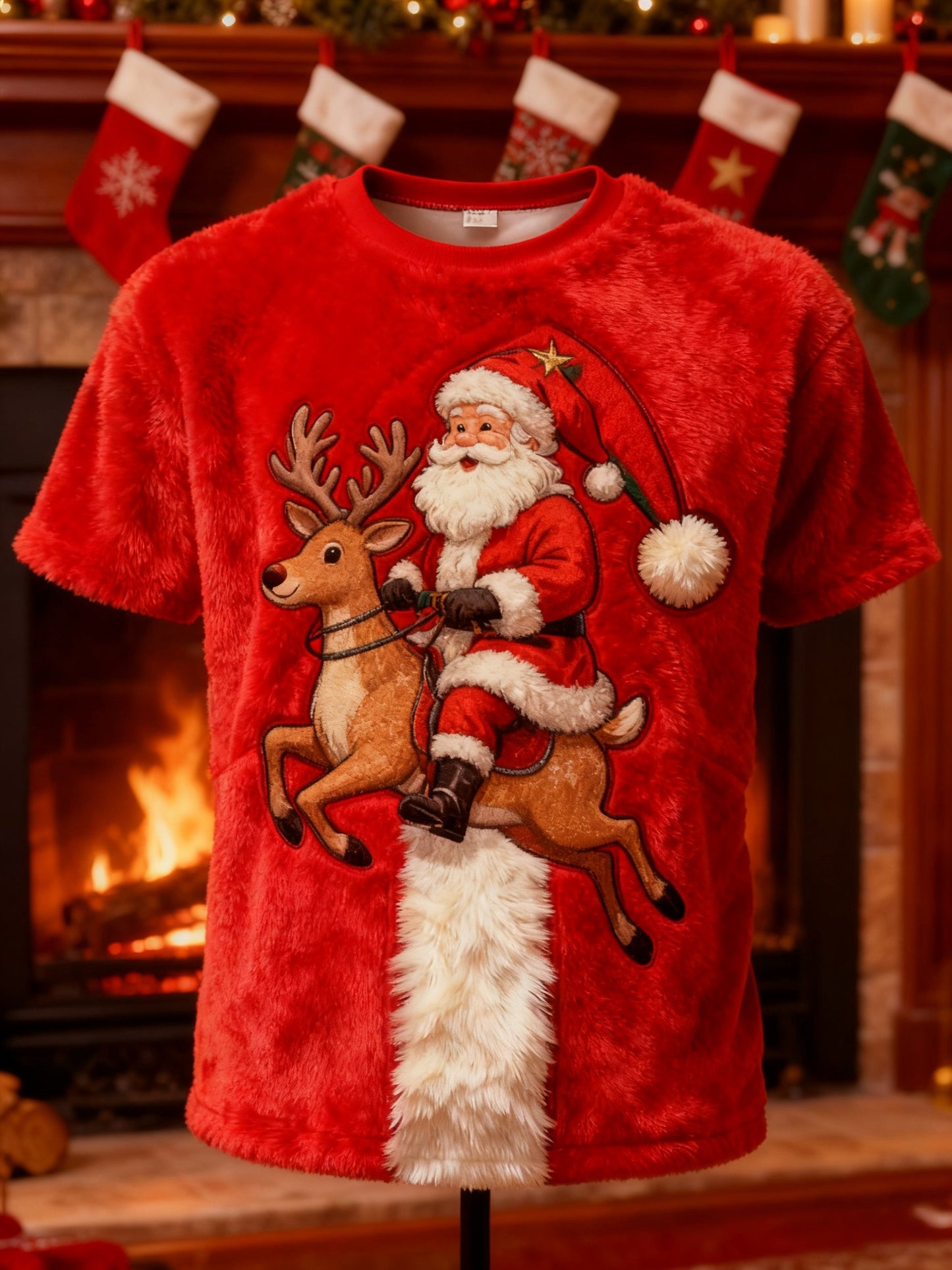 Retro Christmas Grandad Print Plush Short-Sleeved T-Shirt