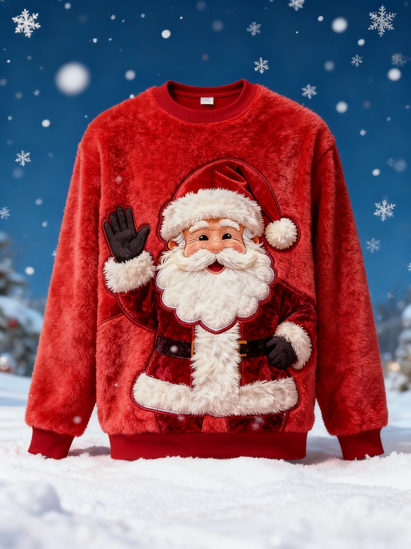 Retro Christmas Grandad Print Plush Crew Neck Sweatshirt
