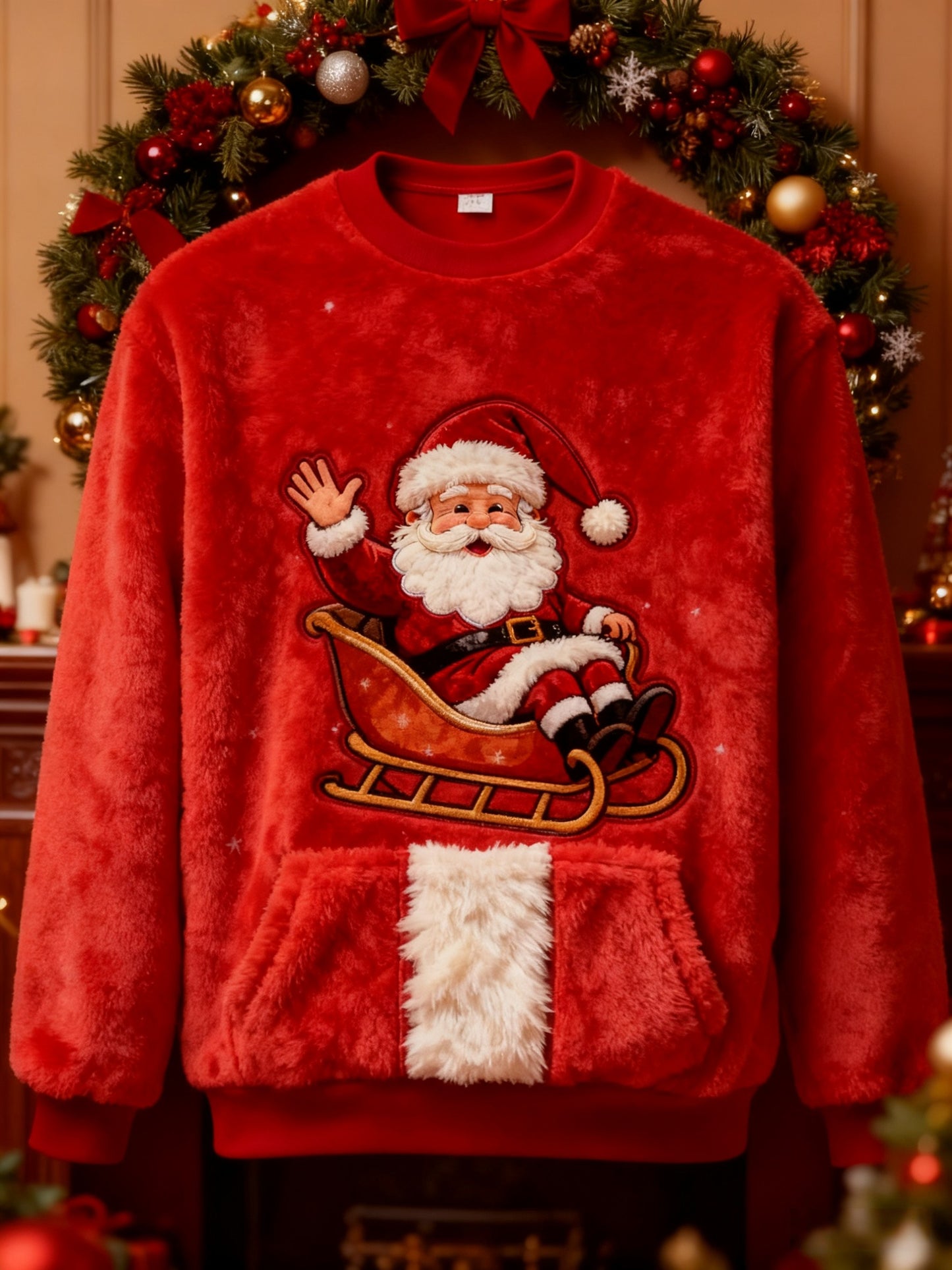 Retro Christmas Grandad Print Plush Crew Neck Sweatshirt