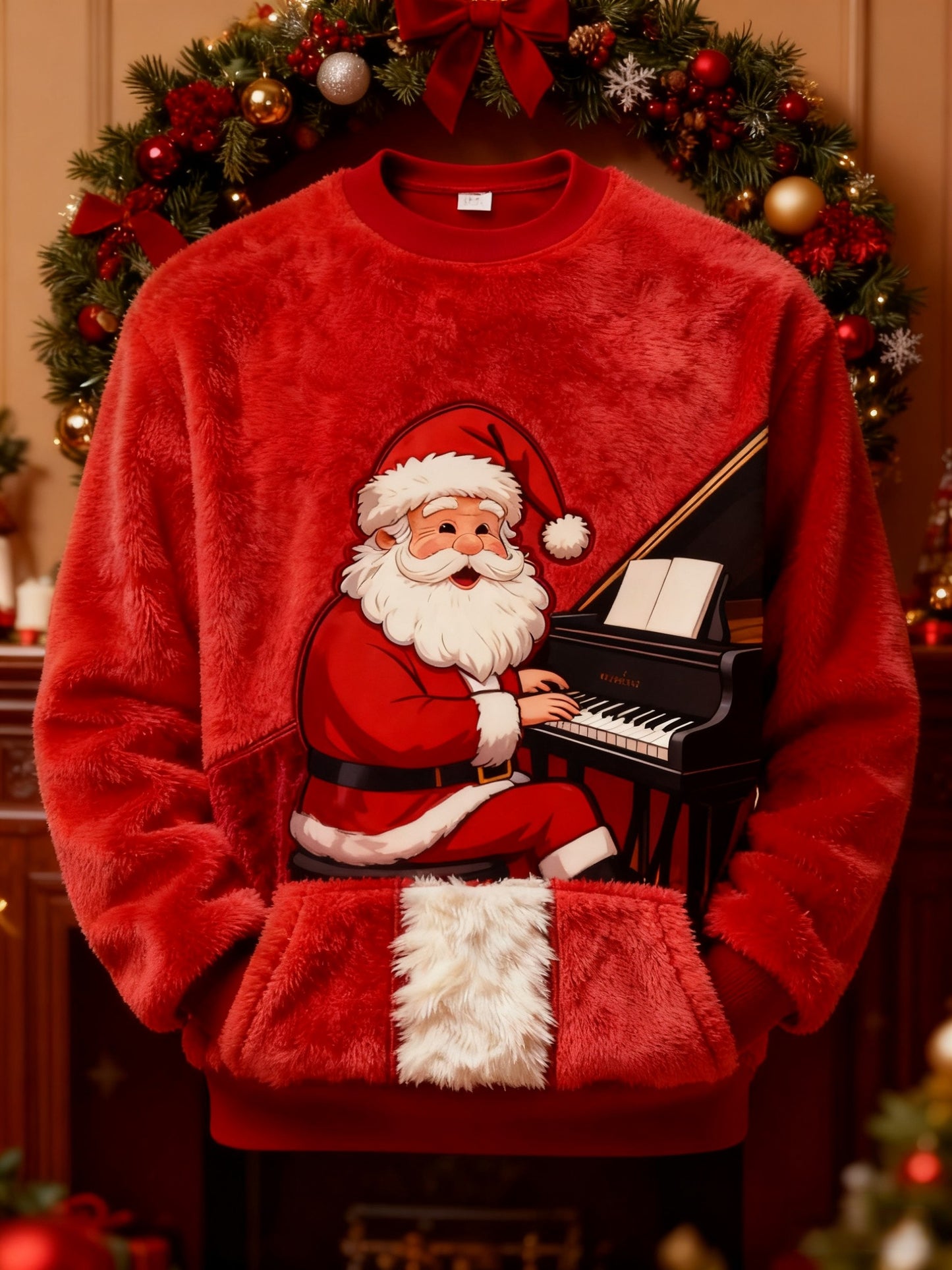 Retro Christmas Grandad Print Plush Crew Neck Sweatshirt