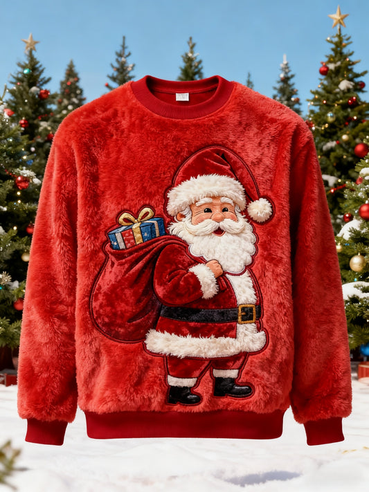 Retro Christmas Grandad Print Plush Crew Neck Sweatshirt