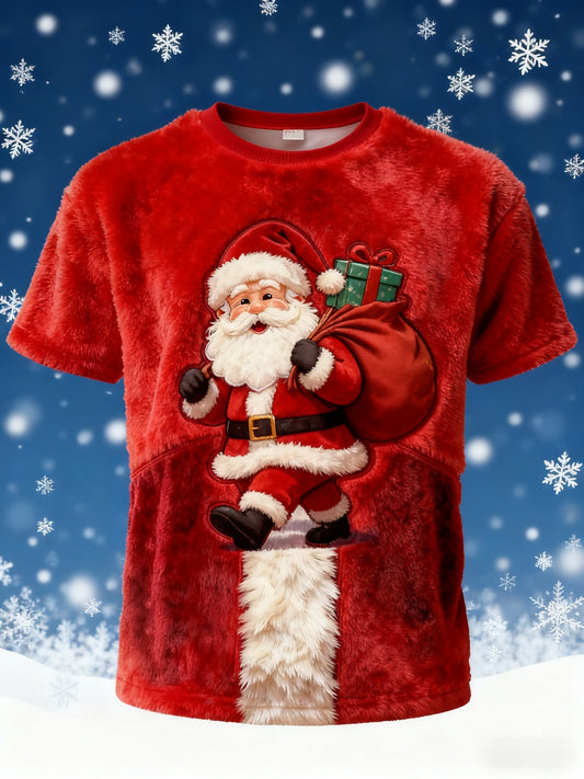 Retro Christmas Grandad Print Plush Short-Sleeved T-Shirt